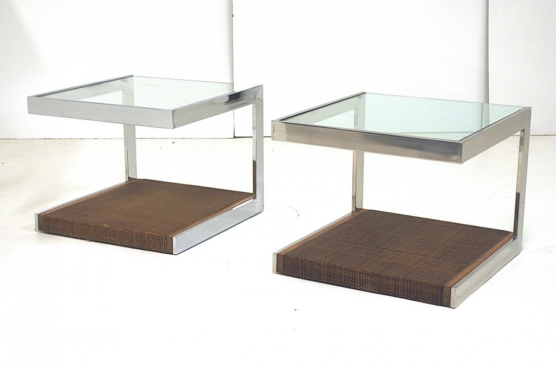 Milo Baughman: Pair of occasional tables, chrome plated metal, cane, glass. Thayer Coggin. Size, 20W x 20D x 16H