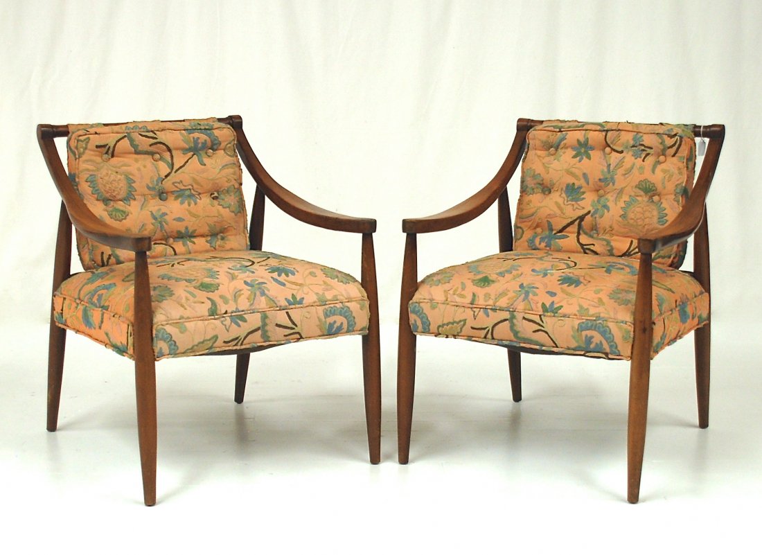 Milo Baughman: Pair of arm chairs. Tapered arm and legs with sleek back spindles. Drexel "Perspective" Walnut and upholstery. 29W x 28D x 32H