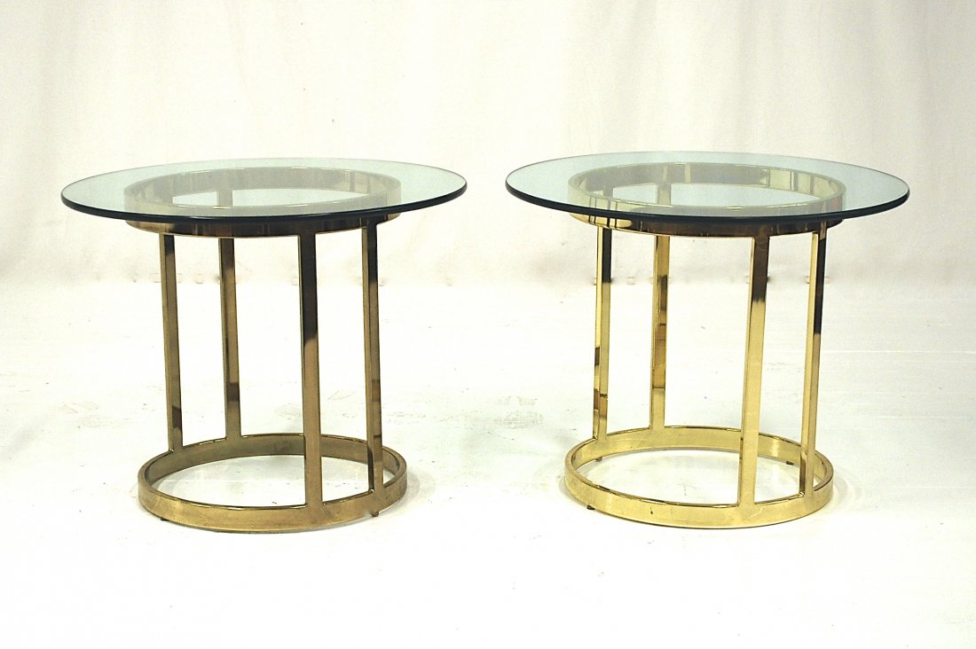 Milo Baughman: Occasional tables, pair. Brass and glass. Size, 26 diameter x 20.5