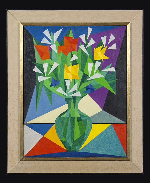 Jose Luis Galicia: Oil on canvas. Geometric Still life. Signature LR. 1954. Madrid. Size, 25 x 19.5. From a Private Collection.