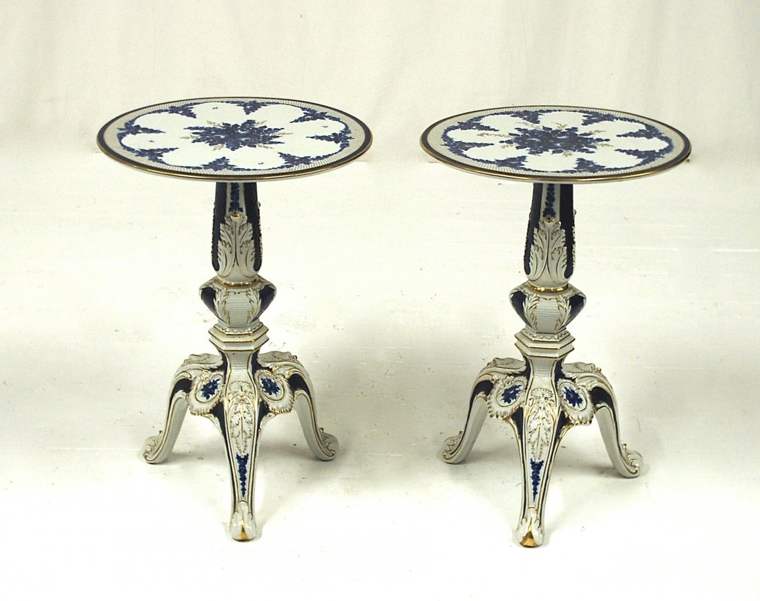Pair Porcelain Parlor Tables: Fine pair blue and white, gold accent. Size, 18D x 29H