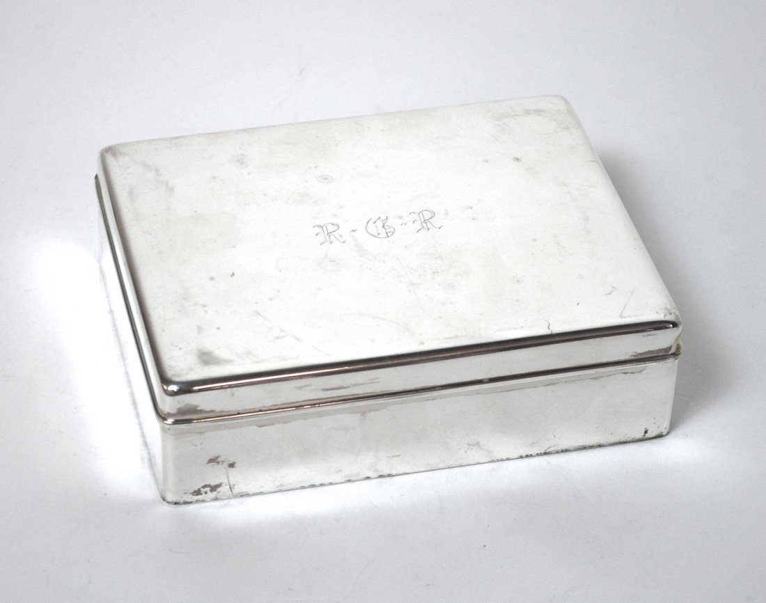 Tiffany & Company Sterling Box: Simple elegant box. Monogrammed "RGR". Manufacturer mark to underside. Numbered 21478/9127. Size, 6.75W x 5.25D x 2H.