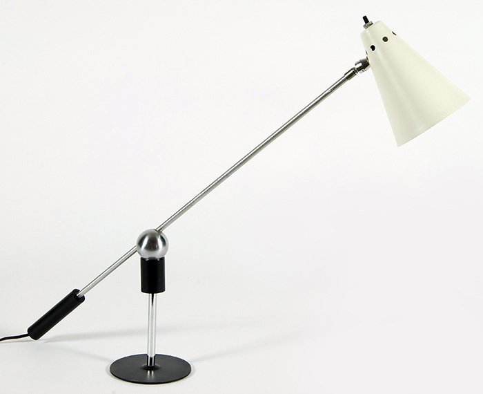 Gilbert Watrous: Adjustable table lamp. Heifetz Manufacturing Company. Enameled steel, chrome plated steel. Size, 23H. Provenance: "Chris Kennedy Collection"