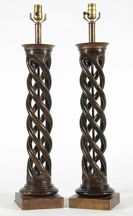 Frederick Cooper: Pair of spiral lamps. Walnut, gold leaf and brass. Size, 43H.