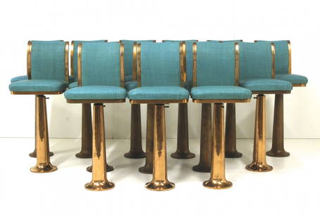 Chicago Hardware Foundry Stools: Rare, Outstanding set of 14 bar stools. Brass and original Naugahyde. Cat tail and hog hair upholstery. (Please note: a magnet does not stick to any of the stools!) 16W x 17D x 39H.