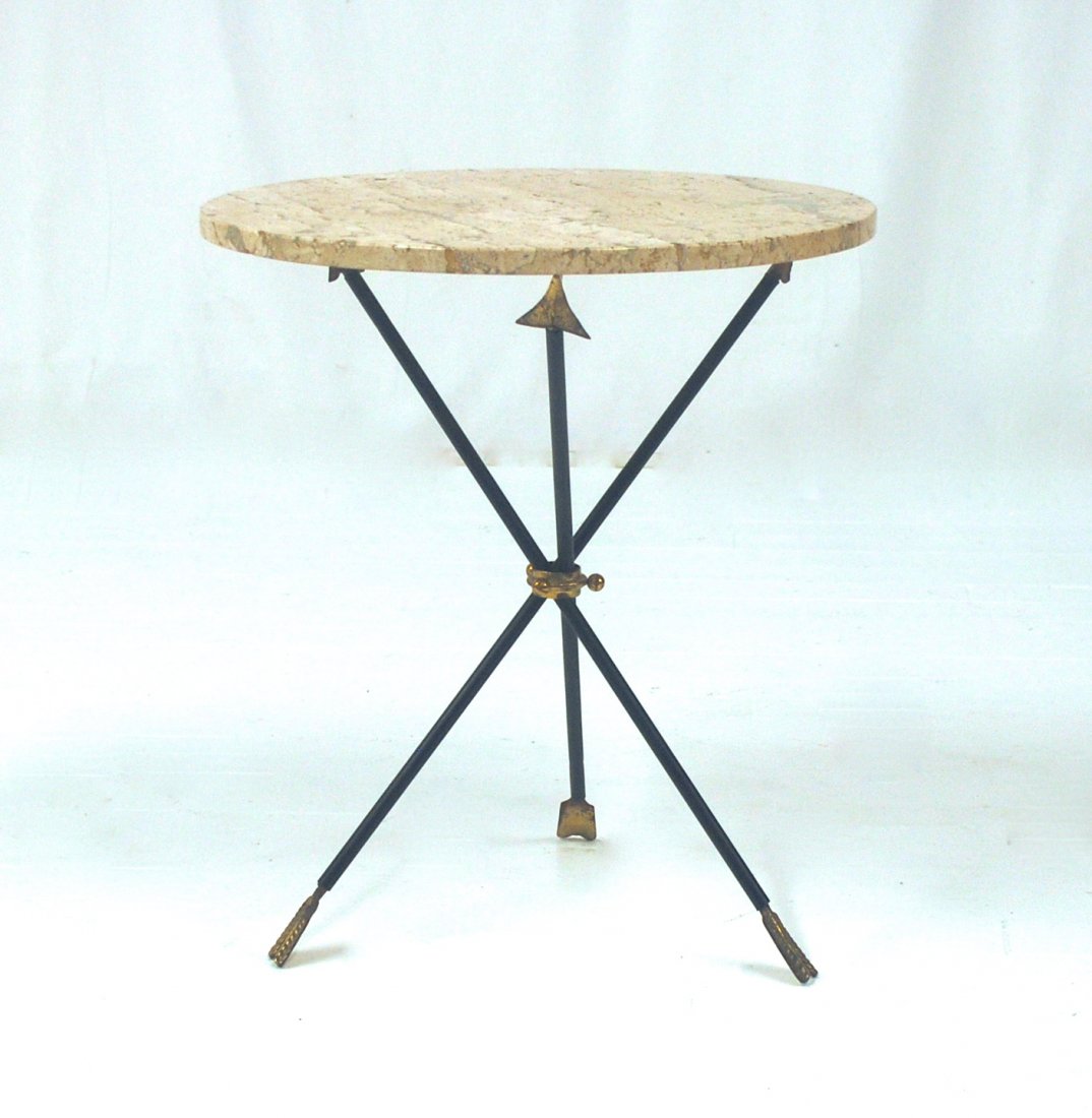 Manner of Billy Haines: Arrow occasional table, metal, brass, travertine. Size, 21.5 x diameter x 30.25H