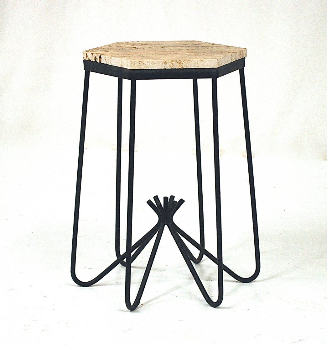 Jean Royere (Attribution): Gueridon table. Enameled metal, travertine. Size, 14.5 x 17 x 24.75