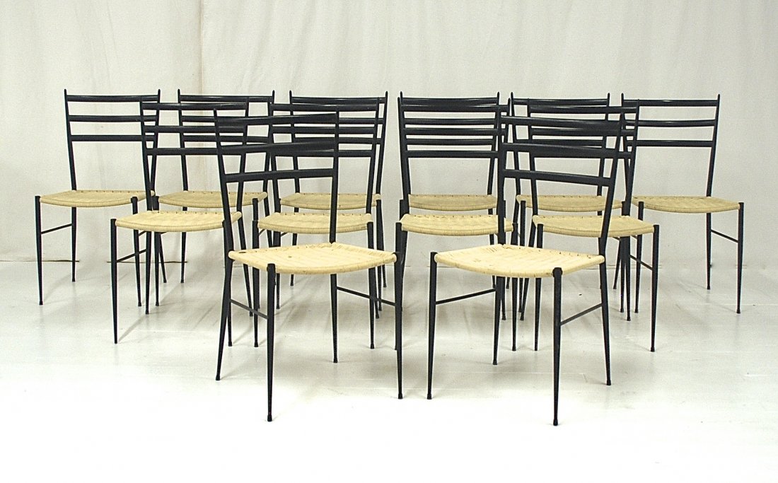 In the Manner of Gio Ponti: Set of twelve Superleggera chairs. Enameled metal and woven seats. 16W x 17D x 33.5H
