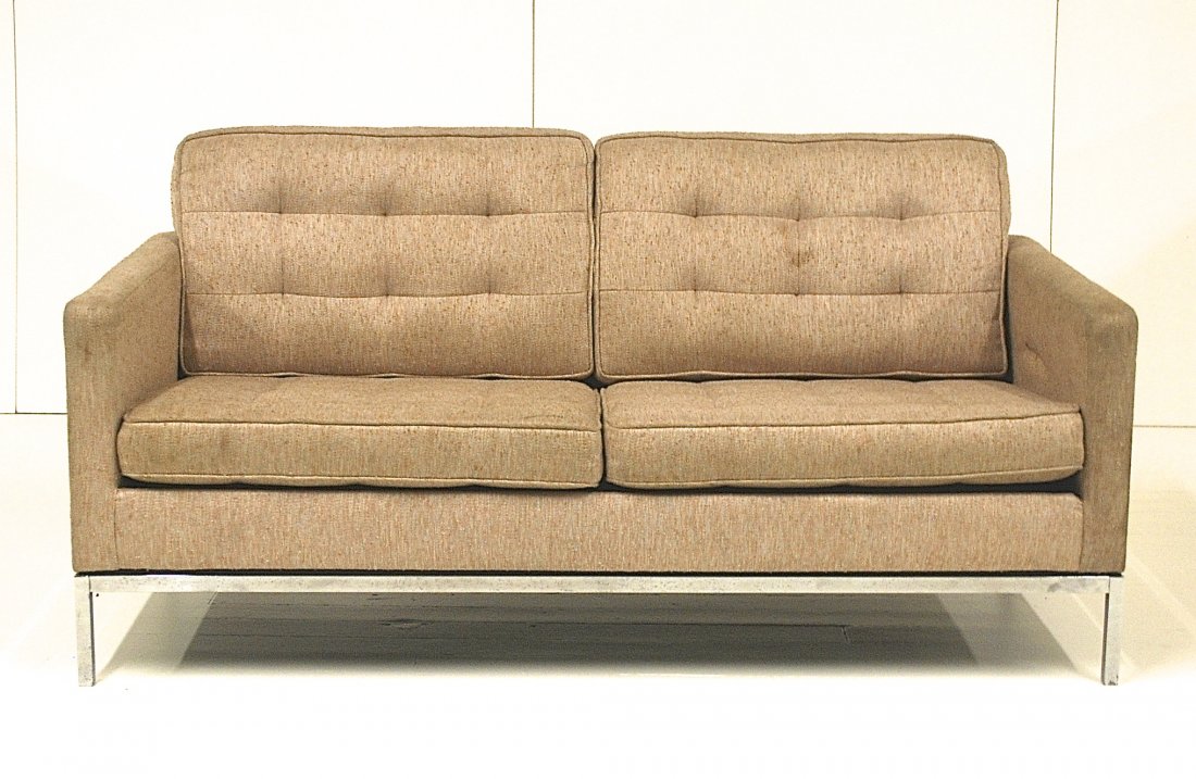 Florence Knoll: Settee, 1954, Knoll International. Chrome plated steel, upholstery. Size, 62.5W x 32.25D x 31.25H. Original label.