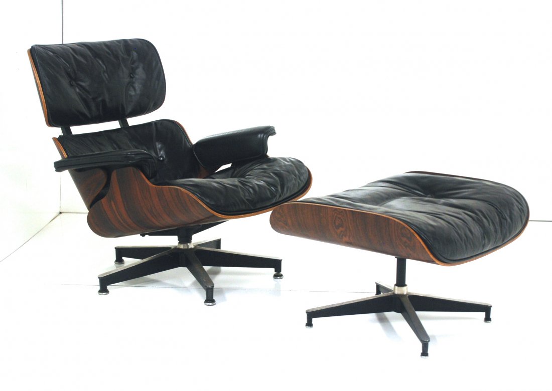 Charles and Ray Eames: 670 and 671 Lounge chair and ottoman. Herman Miller. Late 1950's, original label. Rosewood, down fill, leather, rubber, aluminum. Please note: Amazing finish to Rosewood. Size, Chair, 32.5W x 32D x 32