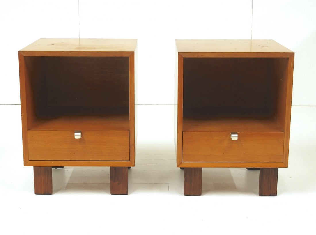 George Nelson & Associates: Pair of nightstands, model #4617 , Herman Miller, 1948. Walnut, silver plated metal. Signed with Original foil label. Literature: The Herman Miller Collection, manufacturers catalog, 1948, pg. 26. The
