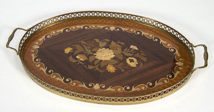 Aldo Tura: Marquetry floral serving tray, brass apron. Two handles. Size, 20.75L x 12.5W x 1.5D
