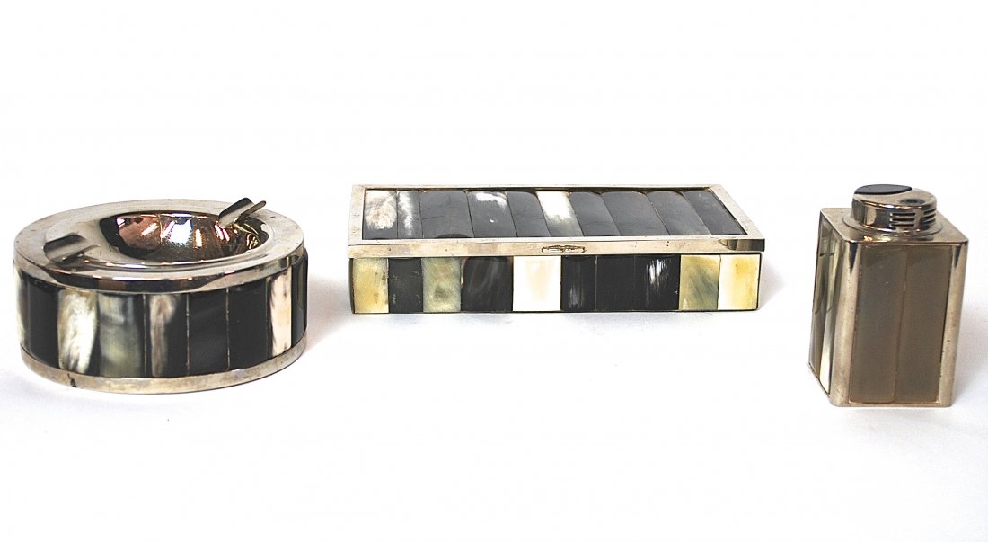 Karl Springer (Attribution): Jewelry box, lighter, and ash tray. Silver plated metal, horn and plastic. Size, 9 x 5 x 1.75, Lighter 3.75. Ashtray 5.5 diameter.