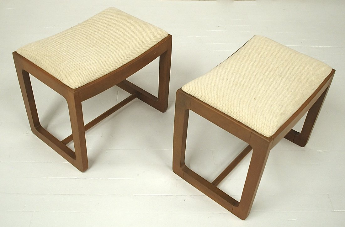 Edward Wormley: Pair of benches, bleached Mahogany and upholstery. Size, 23W x 16D x 20H