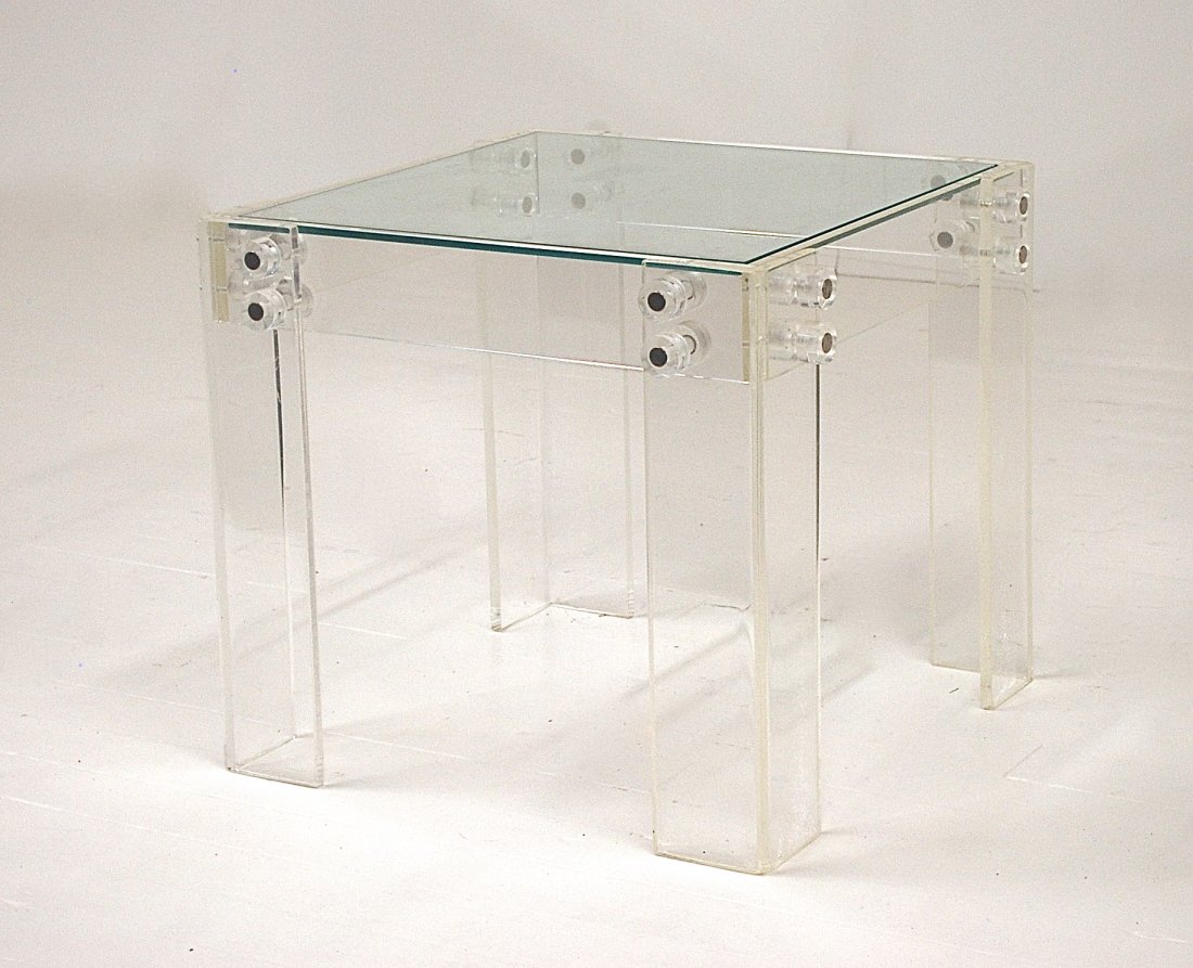 Charles Hollis Jones (Attribution): Occasional table. Lucite, glass, chrome. Size 24W x 24D x 20H