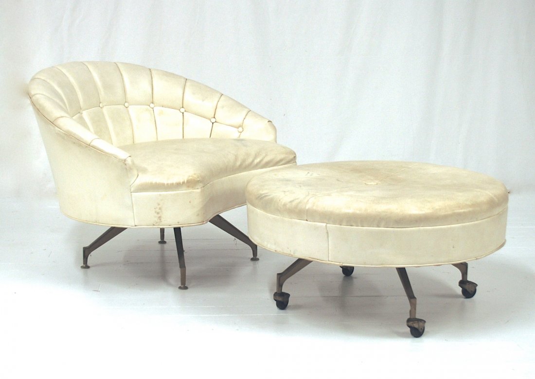 In the Manner of Ward Bennett: Chair and ottoman. Tufted vinyl, brass, castors. Size, Chair 40W x 31D x 29.25H. Ottoman 33.5D x 16.5H