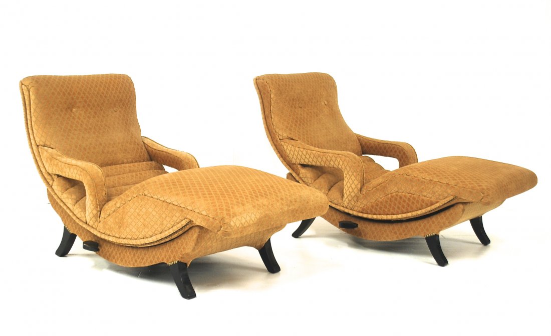 Mid Century Chaise Lounges: Pair of adjustable chaises. Ebonized wood, upholstery. Please note "Take home ready" Size, 26.5W x 58D x 35H (Highest point)