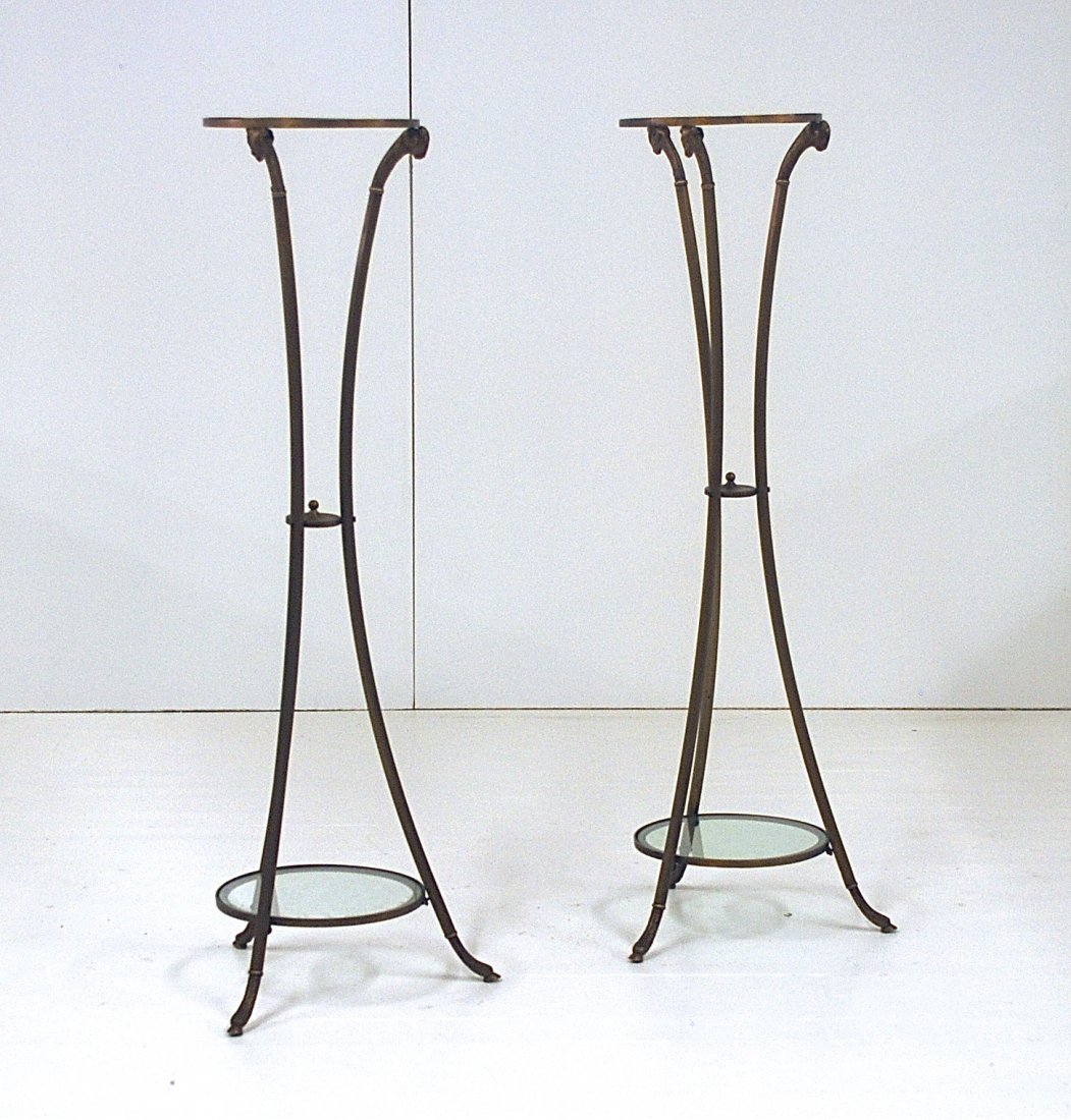 Maison Charles (Attribution): Pair ram head pedestals. Hoof feet. Brass and glass. Size, 11 x 42.75H