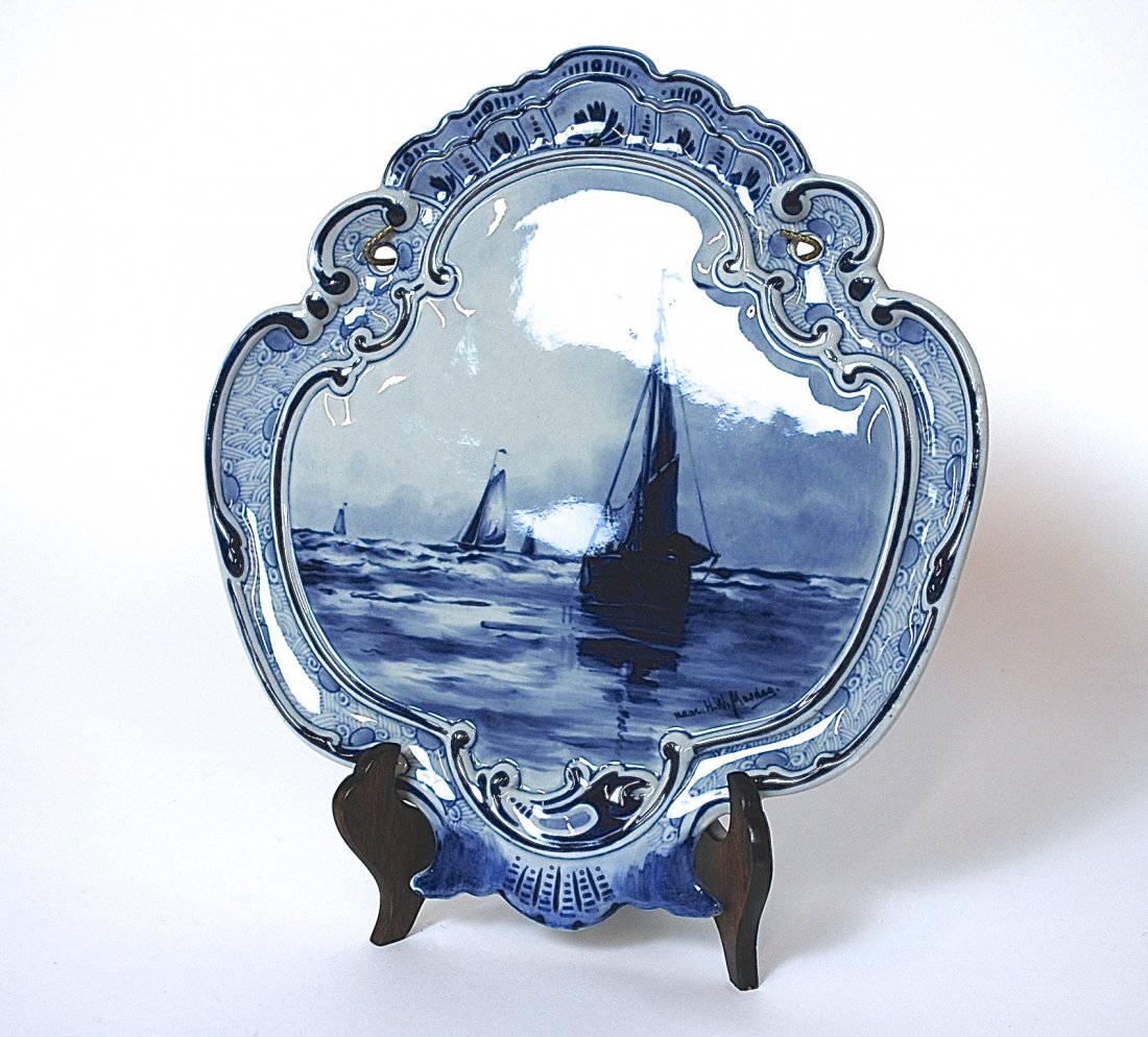 Artist Signed Delft Wall Plaque: Fishing boats, artist signed “H.W. Mesdag”, marked on back “Delft” and impressed makers mark. Size, 10.75” wide and high.