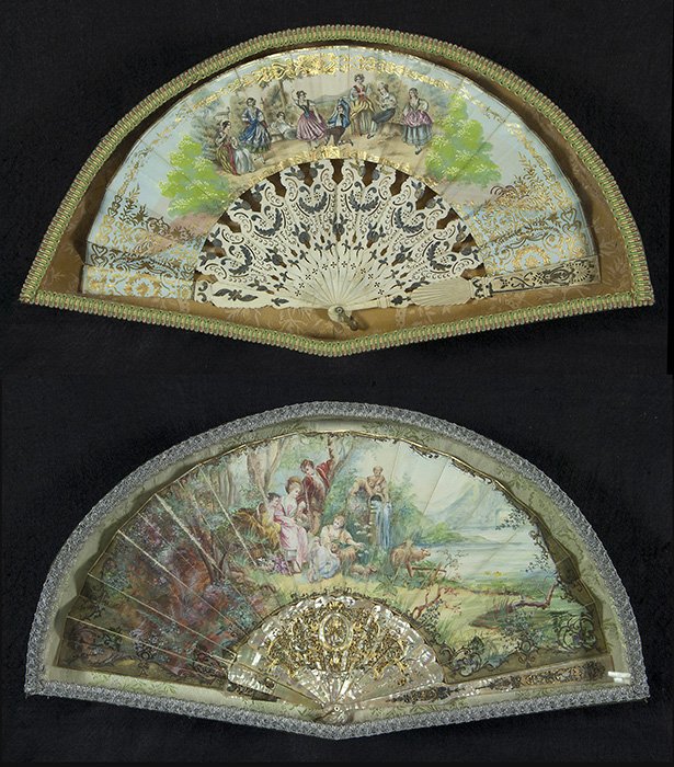 Two Fans: Both in shadow box, 19th c. mother of pearl. Hand painted fan with figures. French scene with figures, Size, 19 x 10.