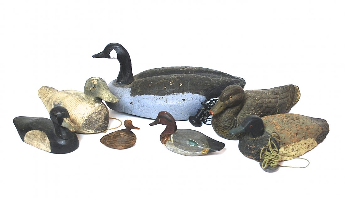 Assembled Decoys: From 1930-60's, including a miniature Green winged Teal signed by Roy Bull, Townsend, Va. In original painted surface, 10 x 4 x 4.5” high; Plus a Mallard Drake with glass eyes, worn original paint a