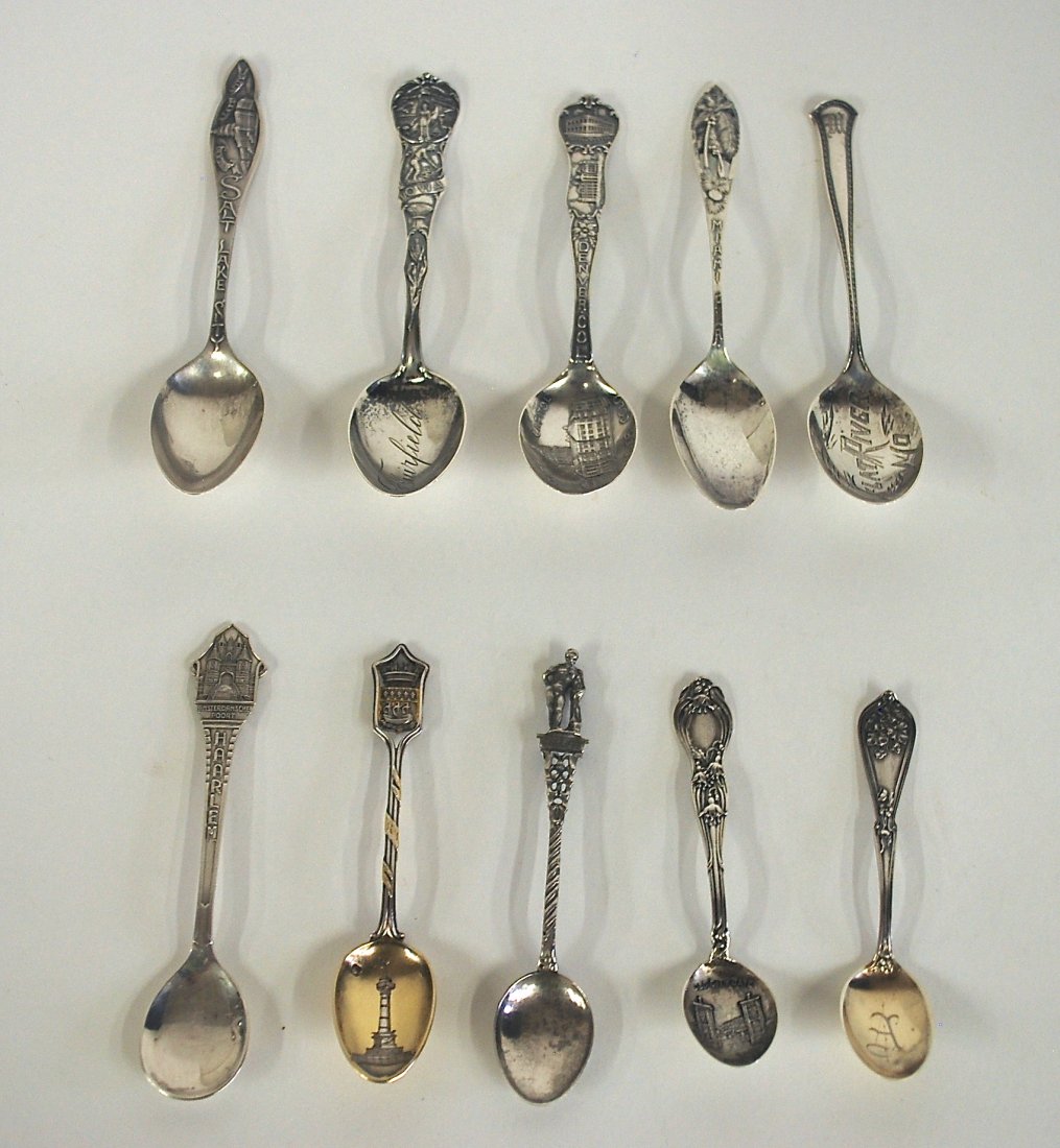 Assembled Sterling Souvenir Spoons: Ten assorted Sterling spoons including Salt Lake City, Denver, Haarlem, Flat River Missouri, St. Augustine, Iowa, Miami. Two odd spoons and Greece. 4ozt.