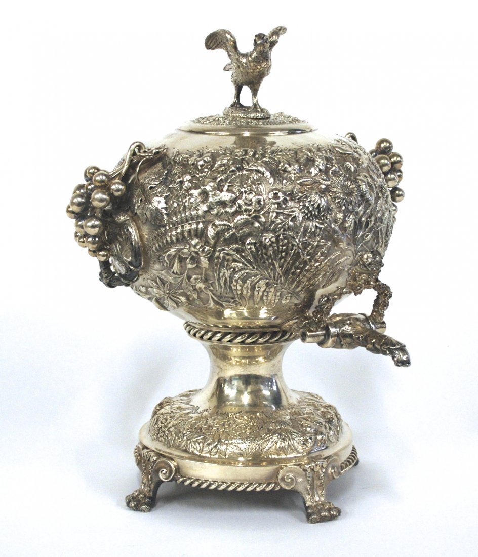 Kirk & Son Coin Silver Repousse Coffee Urn: Wonderful chased and sculpted floral pattern on body, rib less melon form with swinging grape vine handles, lid with spread winged full pheasant finial, spout with acanthus leaf and spout shut-off val
