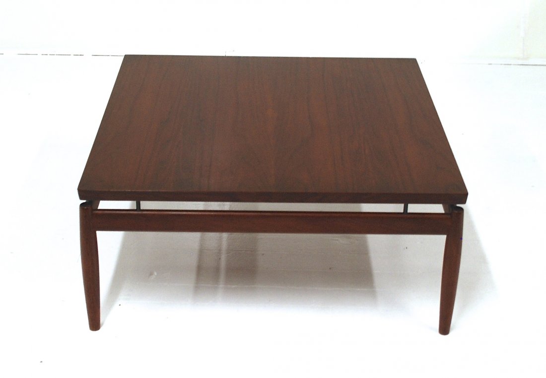 Finn Juhl: Floating top coffee table. Teak, brass. France and Sons manufacturers label to underside. Size 35.5W x 35.5D x 15.75H