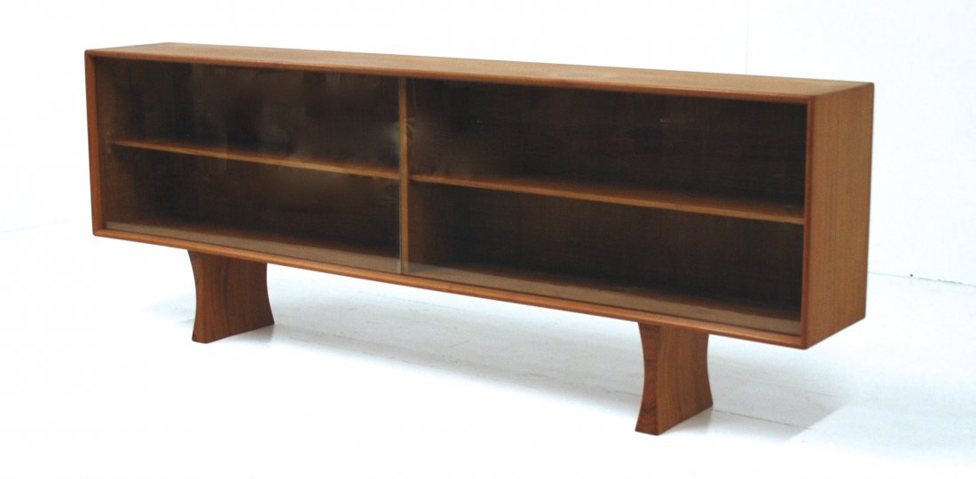 Arne Vodder: Bookcase/low credenza. Sibast Denmark. Teak, glass. Size 30H x 81.5L x 12.5D.