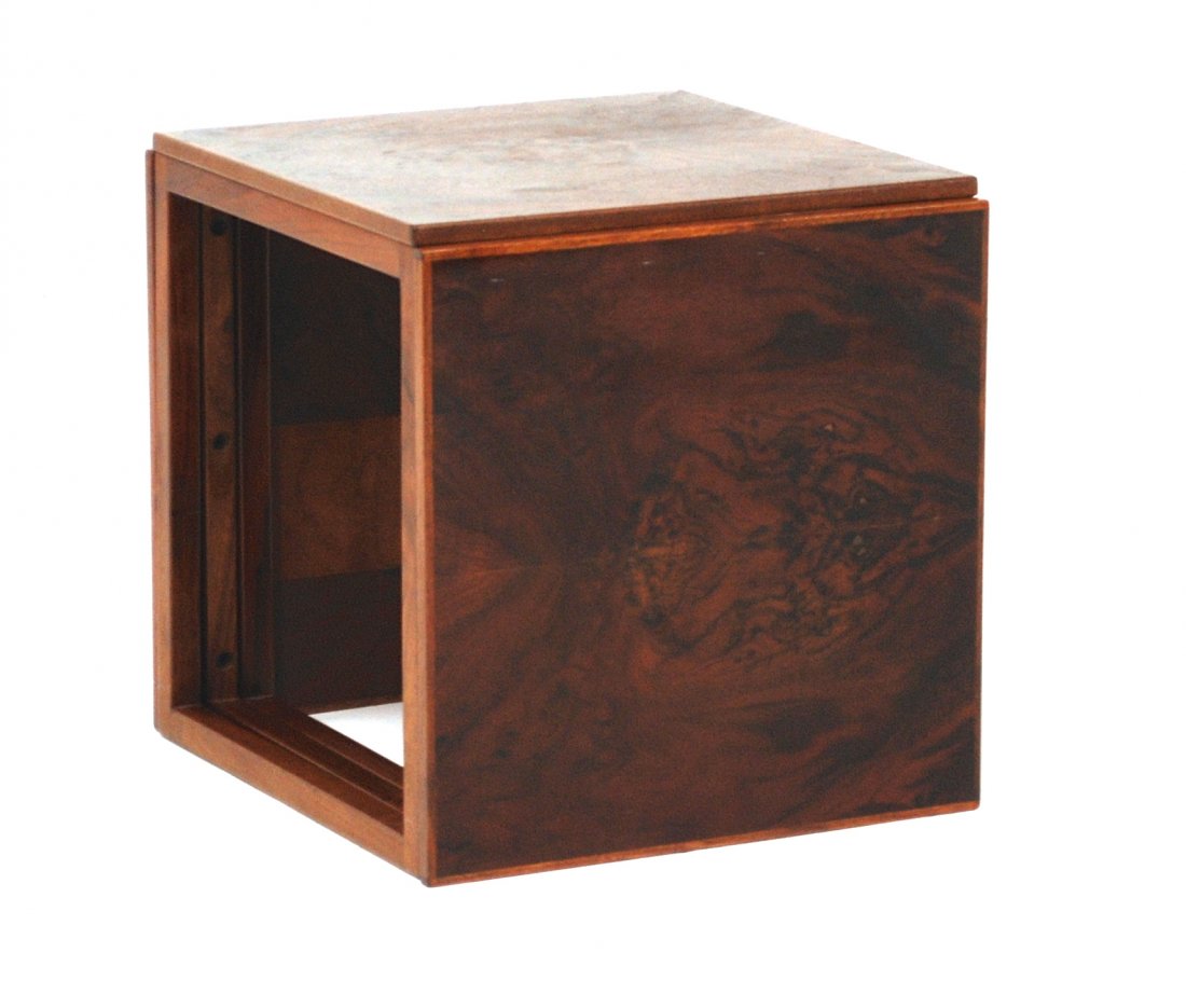 Kai Kristiansen: Set of three nesting table, can interlock to form cube. Rare to see in Rosewood. Vildbjerk Mobel Fabrik. Size 15.75W x 15.75D x 16.25H