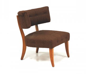 In The Manner of William Billy Haines: Tufted curved bar dressing chair. Curved back legs, Mahogany, upholstery. Size 27H x 29.5W x 22D