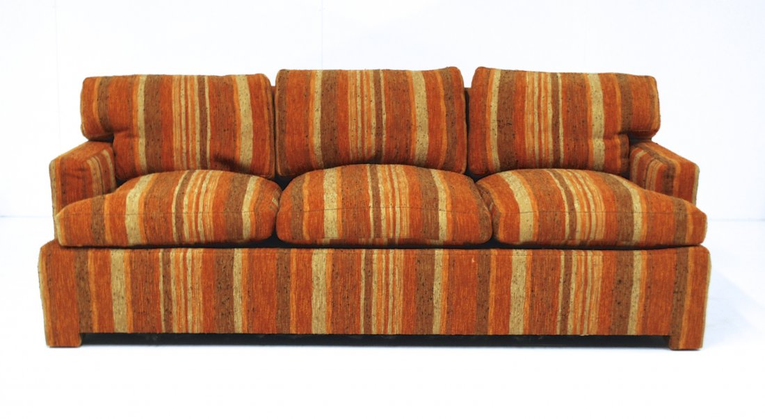 Edward Wormley: Loose cushion Parsons sofa, Down fill, upholstery. Dunbar label to ticking. Size 79w X 34d X 28h. Seat height 19-20h.