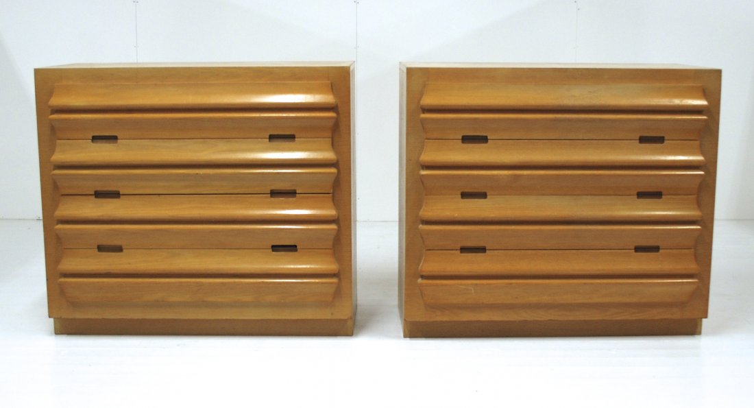 Harold Schwartz: Pair of bedside chests. Four drawers, inset finger pulls. Each chest features side cabinet for multiple uses. Romweber furniture, Batesville, Indiana, combed Oak. Size 37.25H x 42W x 19.5D
