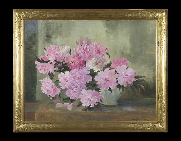 Mira Greenough Robinson: Oil on canvas, still life of pink flowers. Signed LR, Housed in Newcomb Macklin frame, Size 28 x 36.