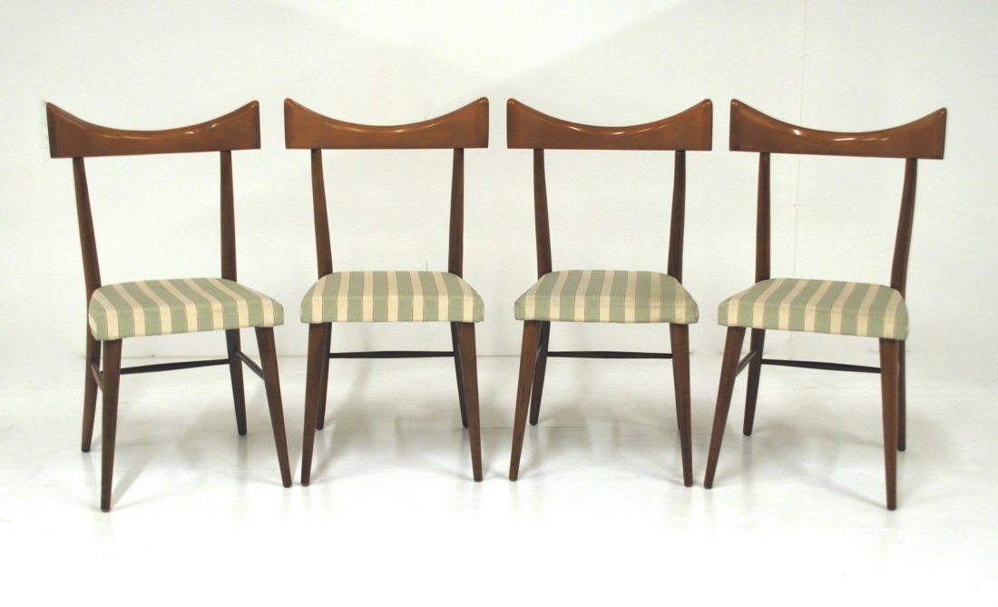 Paul McCobb: "Planner Group" dining chairs , set of four "bowtie" backs, 1955, Birch, upholstery, Winchendon Furniture Company. Size 35H x 20.5W x 16.5D.