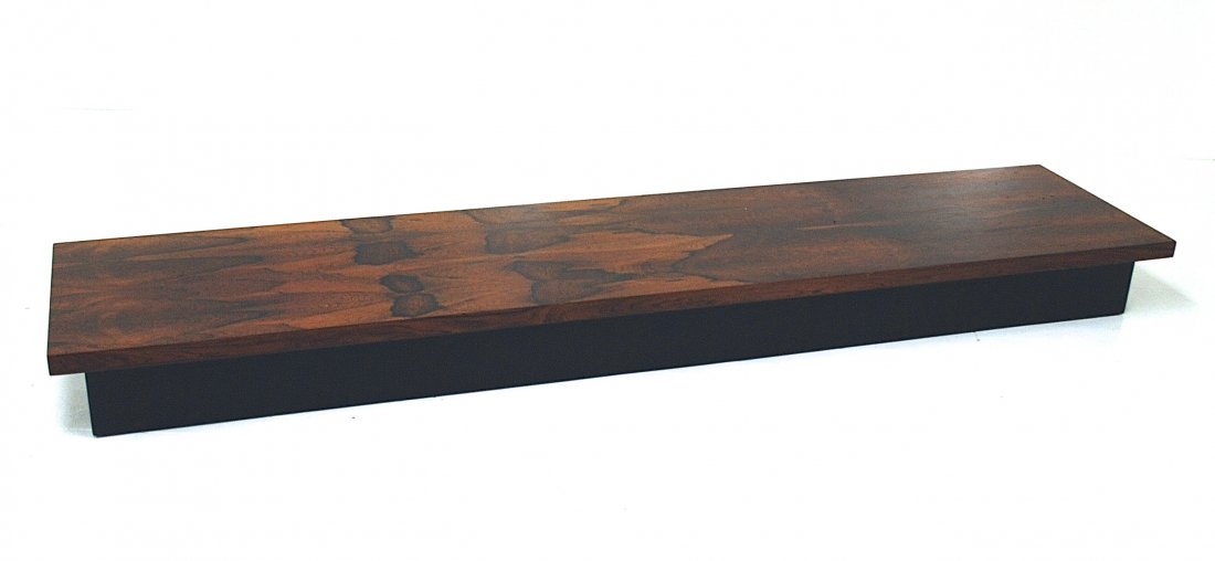 Milo Baughman: Fine, large bench/coffee table. Outstanding rosewood graining. Thayer Coggin. Original label. Ebonized wood, Rosewood veneer. Size 106L X 24w X 9h.