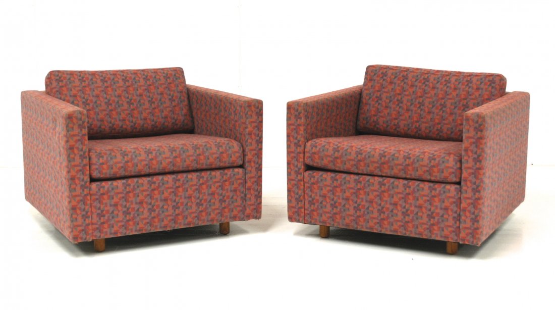 Jack Cartwright: Club chairs, pair, original label, upholstery, Oak. Size 33w X 34d X 23h.