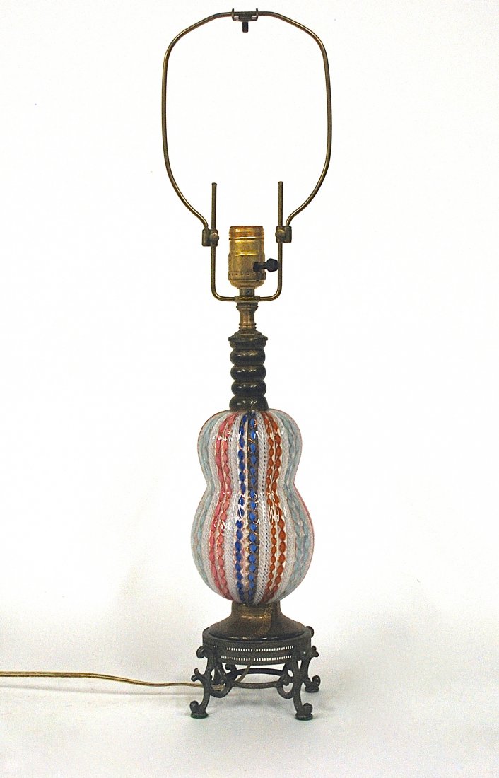 Ercole Barovier: Fine glass table lamp with inclusions and applications. Barovier and Toso. Size 4.5w X 4.5d X 25.5h.