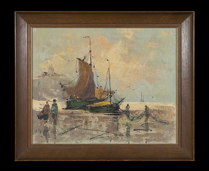 Manner of Johan Dykstra: Oil on canvas. Expressionist Harbor scene with boats and figures. Signed LL. Original price tag $3200.00. Size 16 x 20.
