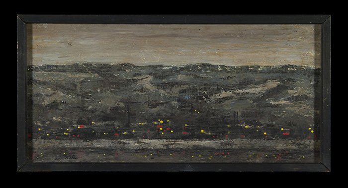 Abstract Expressionist: Oil on board. Signature illegible. Signed LL. Size 13.25 X 27.5.