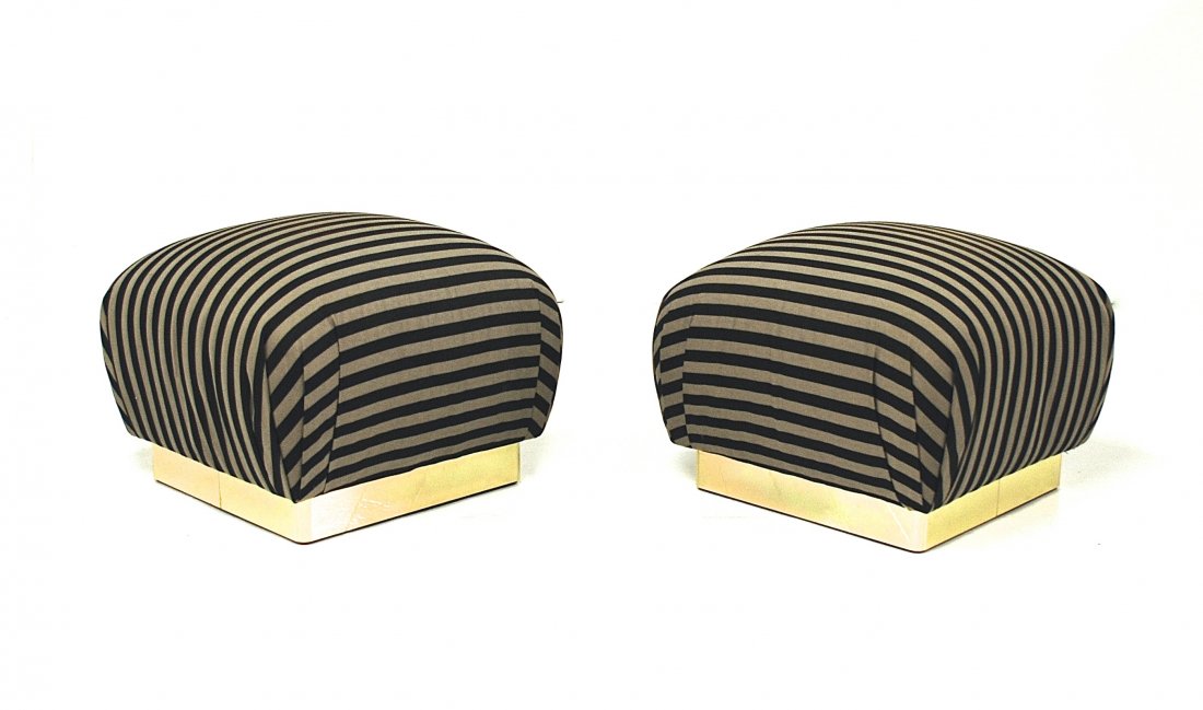 Karl Springer: "Pouf" Ottomans, pair, brass, upholstery. Size 24 x 24 x 18.