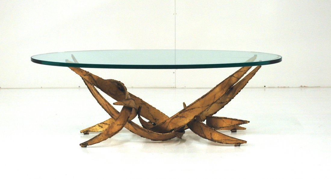 Silas Seandel (Attribution): Elliptical coffee table, welded steel, glass, 1960's. Size 60W x 29.75D x 16H