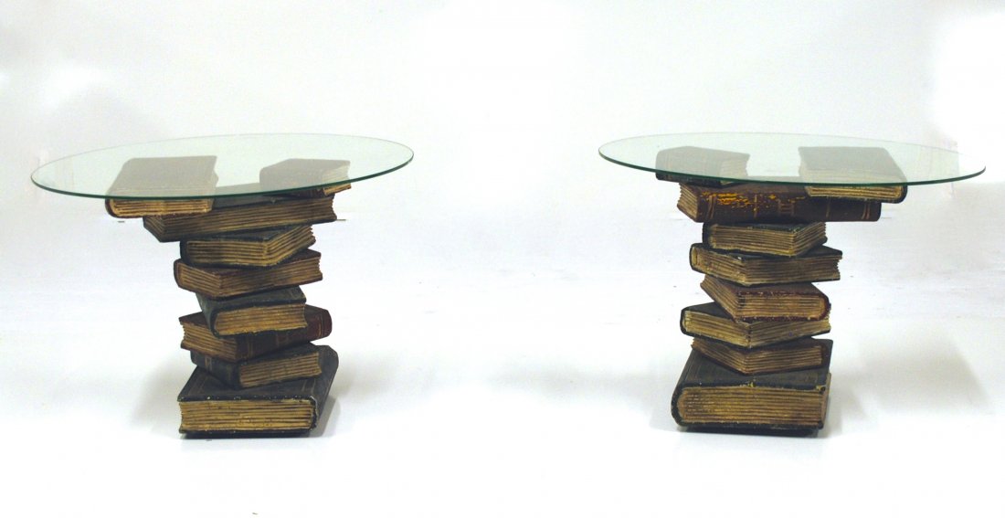 Maitland Smith: Pair of occasional tables. "Book Series", 1970's. Wood, painted wood, glass. Size 25 Diameter x 17H.