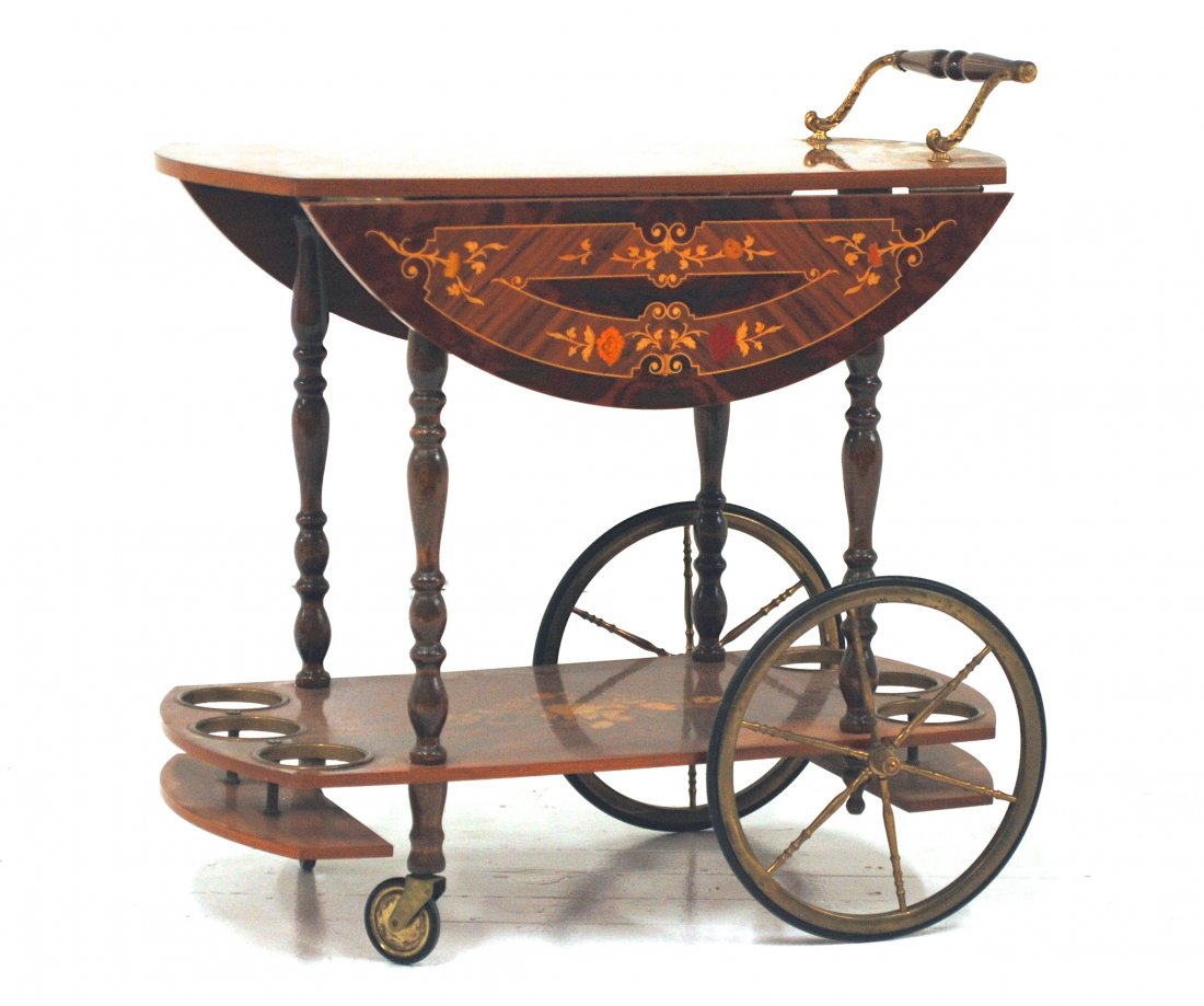 Aldo Tura: Tea cart, French Walnut veneer, Walnut, exotic veneer, brass label to underside. Made in Italy. Built -in six bottle rack. Size 30 x 17.5 x 30H