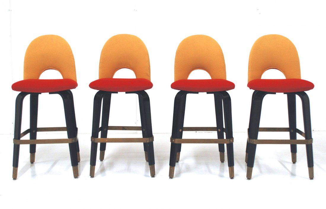 Italian Bar Stools: Set of four bar stools, ebonized, birch, brass, upholstery. Designer unknown. Size 17W x 16.5D x 39H