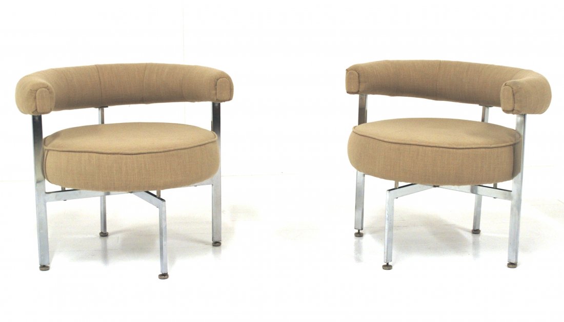 Anton Lorenz: Club chairs, pair. Thonet tufted upholstery, chrome plated metal. Size 27.5W x 24.5D x 24.5H