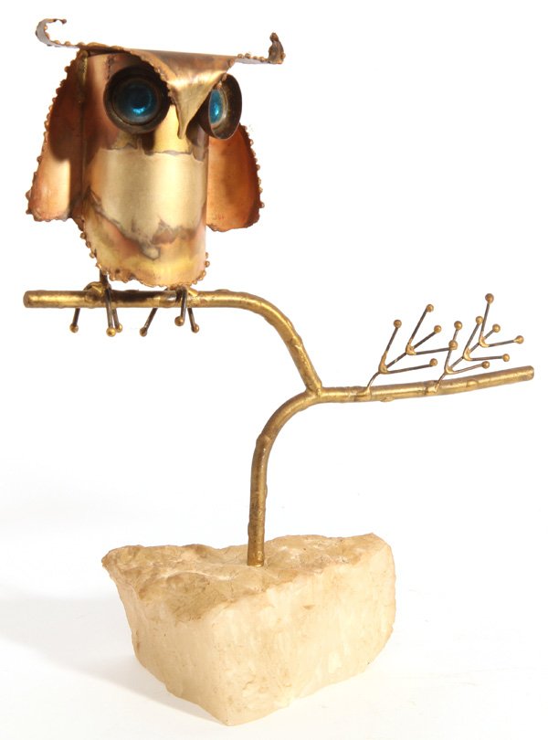 Curtis Jere: "Owl in Branch" table top sculpture. Brass, enamel, rock. Signed and dated. Size 13W x 4.5D x 12.5H.