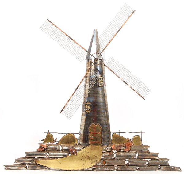 Curtis Jere: Rare "Windmill" sculpture. Brass, metal, signed and dated. Size 40w X 4d X 39h.
