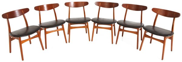Hans Wegner: Dining chairs, model CH23, set of six, Carl Hansen & Son, Denmark 1951, teak, leather. Manufactures mark branded in underside. Size 20.5w X 20d X 30h.