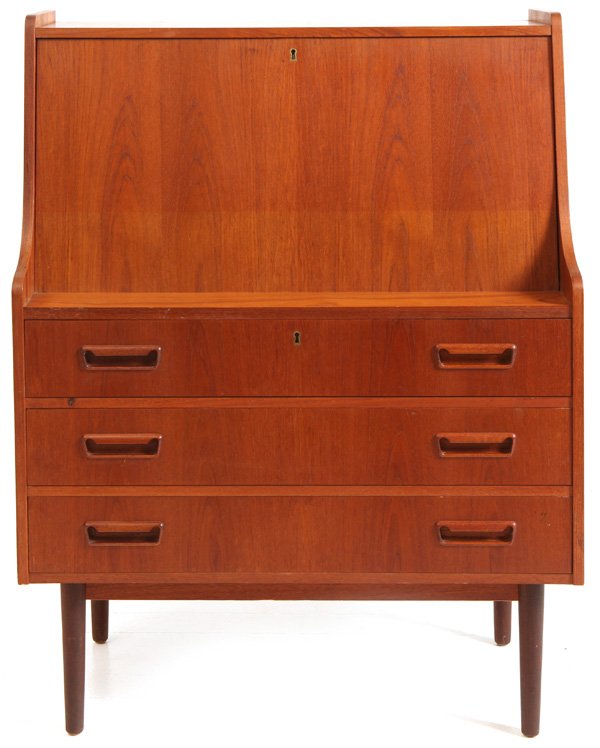 Arne Vodder: Drop front desk. Three drawers, interior storage, cut out finger pulls. Teak, brass. Sibast. Originally purchased at Maurice Villency. Size 33.5W x 17.25D x 44.5H